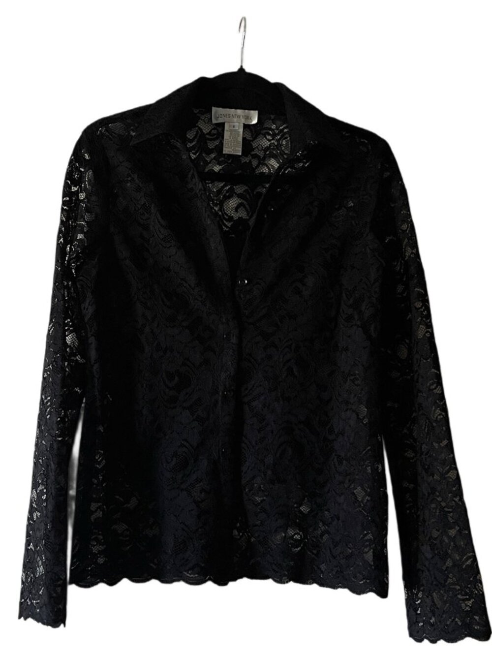 Jones New York Black Lace Button Front Blouse Sheer Floral Top w/ Cami Size 6